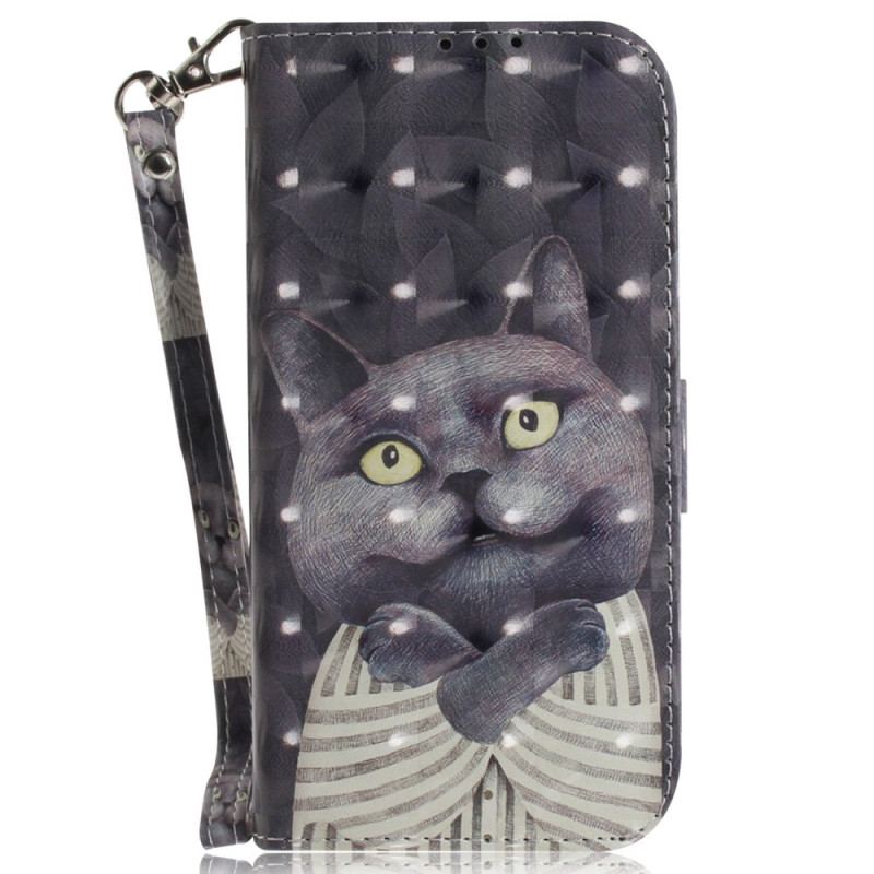 Capa Flip Para Oppo Reno 7 De Cordão Gato Cinzento Com Alça