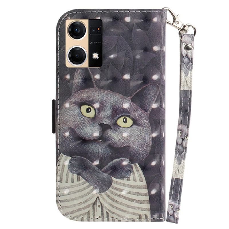 Capa Flip Para Oppo Reno 7 De Cordão Gato Cinzento Com Alça