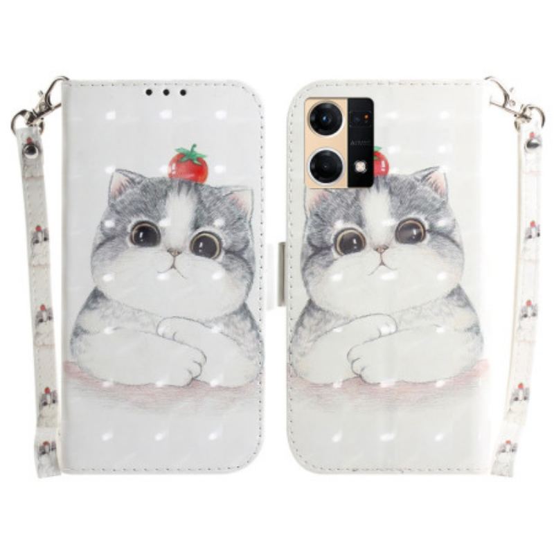 Capa Flip Para Oppo Reno 7 De Cordão Tomate No Gato Com Uma Alça