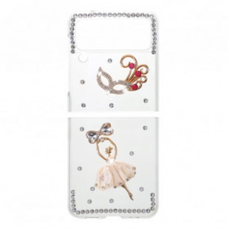 Capa De Celular Para Samsung Galaxy Z Flip 3 5G De Couro Dançarina De Pedras Preciosas
