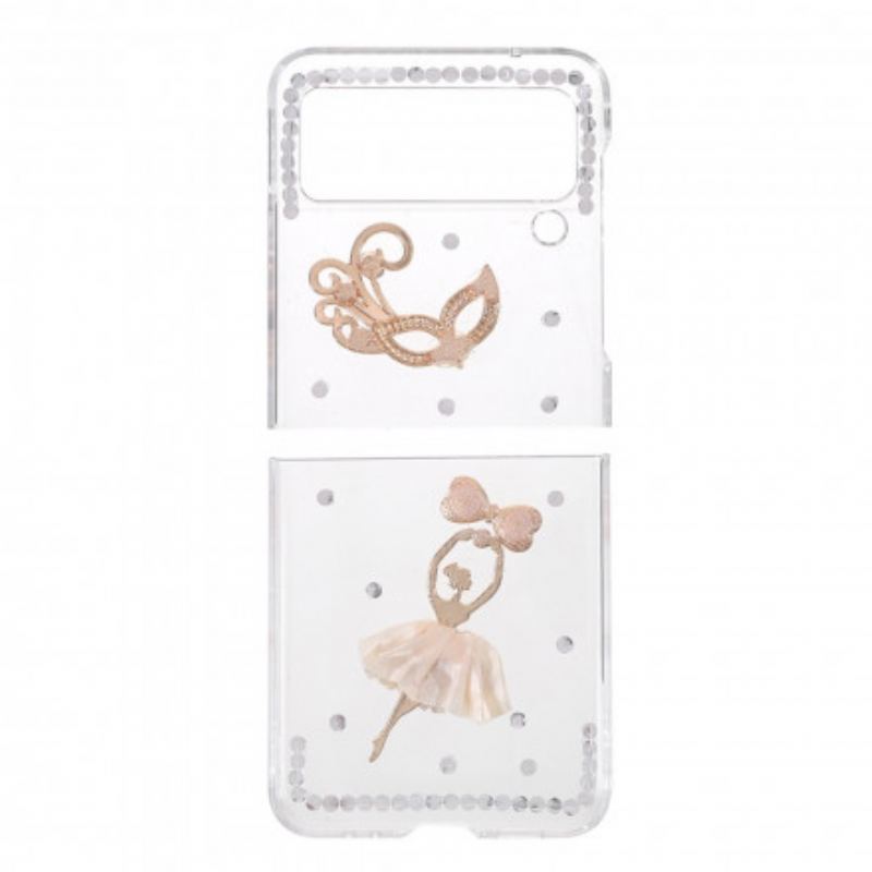 Capa De Celular Para Samsung Galaxy Z Flip 3 5G De Couro Dançarina De Pedras Preciosas