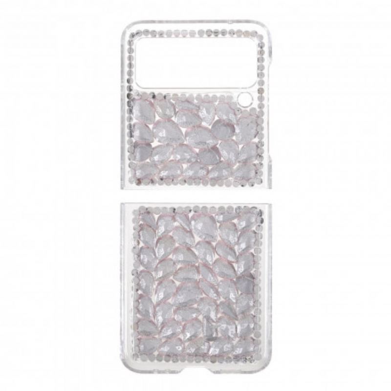 Capa Para Samsung Galaxy Z Flip 3 5G De Couro Pedras Transparentes E Pedras Preciosas