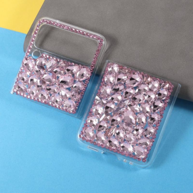 Capa Para Samsung Galaxy Z Flip 3 5G De Couro Pedras Transparentes E Pedras Preciosas