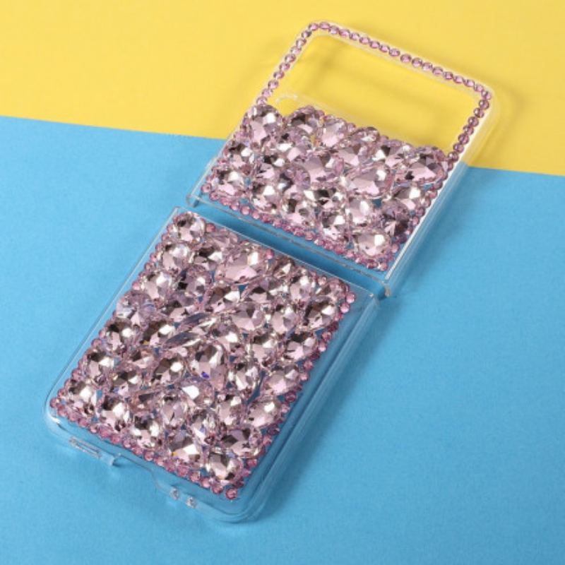 Capa Para Samsung Galaxy Z Flip 3 5G De Couro Pedras Transparentes E Pedras Preciosas