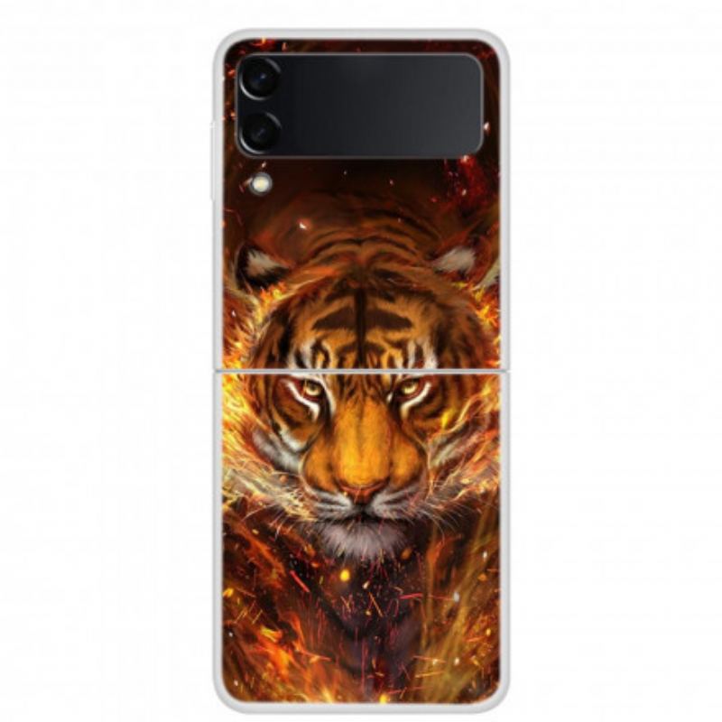 Capa Para Samsung Galaxy Z Flip 3 5G De Couro Tigre De Fogo