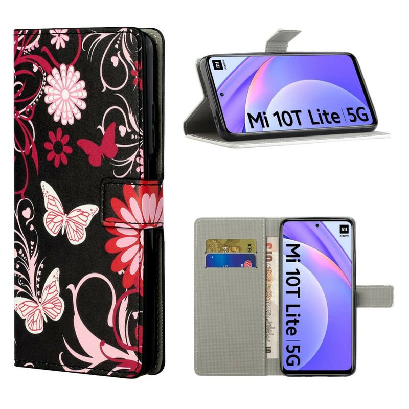 Capa De Couro Para Xiaomi Mi 10T Lite Borboletas E Flores