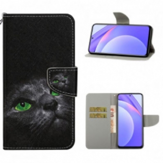 Capa Flip Para Xiaomi Mi 10T Lite Gato De Olhos Verdes Com Cordão