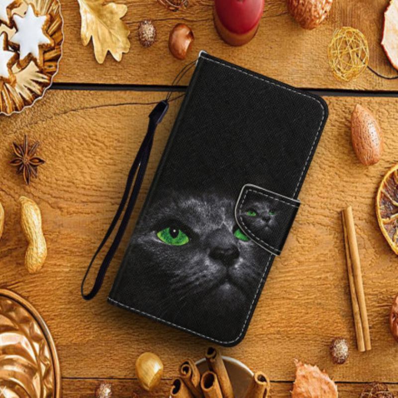 Capa Flip Para Xiaomi Mi 10T Lite Gato De Olhos Verdes Com Cordão