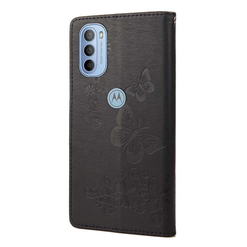 Capa Em Pele Para Moto G51 5G De Cordão Borboletas Esplêndidas