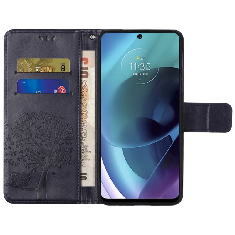 Capa Flip Para Moto G51 5G De Cordão Tanga E Corujas