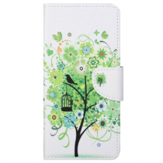 Capa Flip Para Samsung Galaxy S23 5G Árvore Com Folhas Verdes