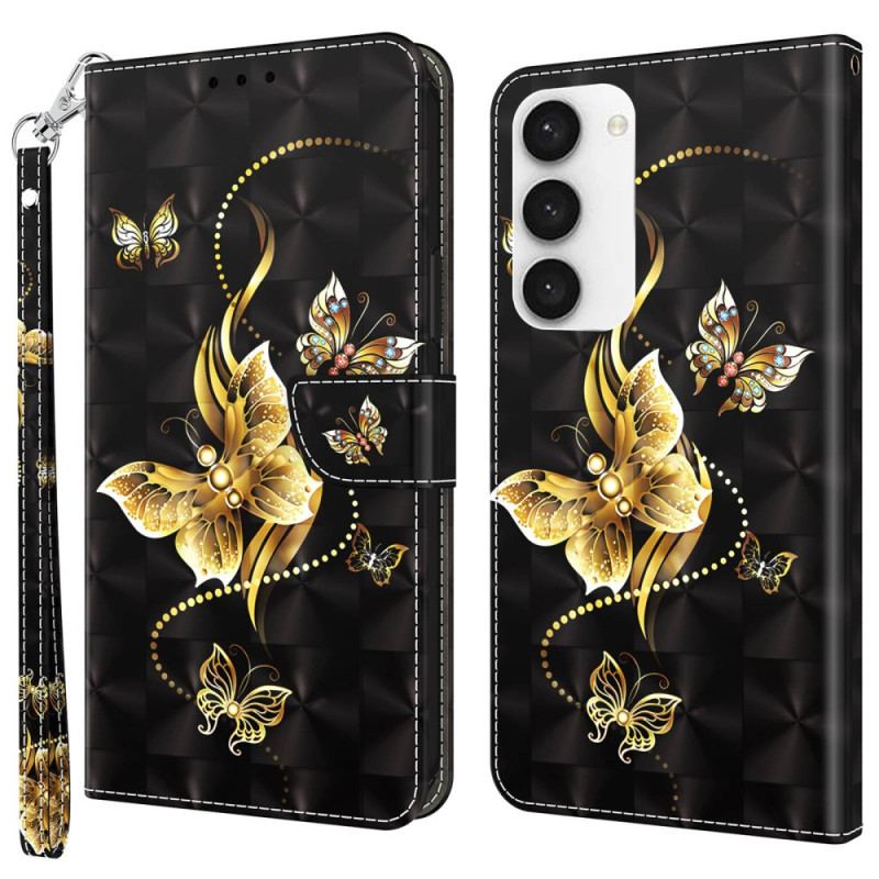 Capa Flip Para Samsung Galaxy S23 5G De Cordão Pulseira Dourada Borboletas