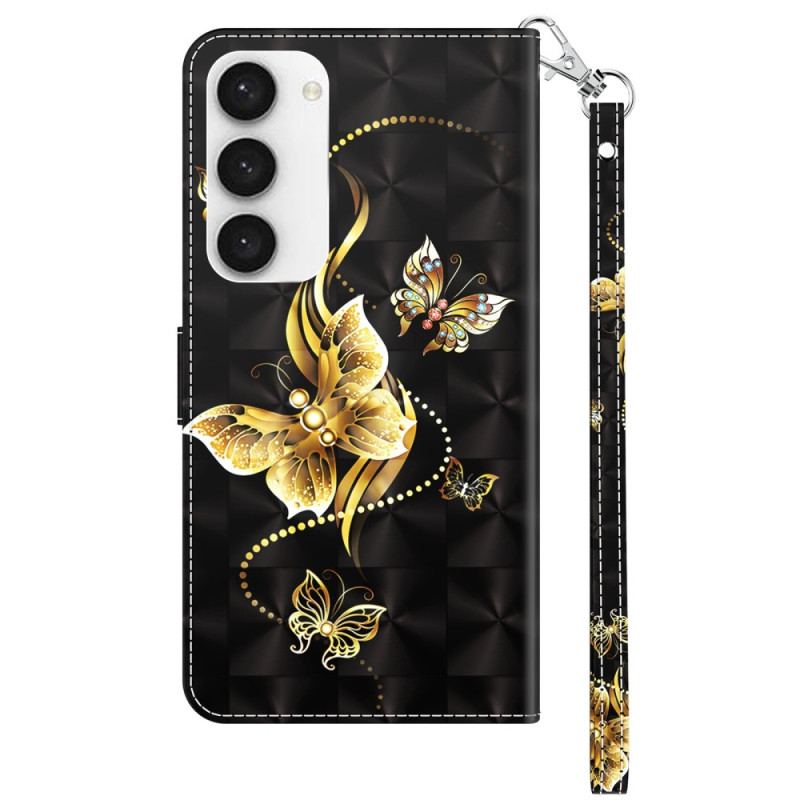 Capa Flip Para Samsung Galaxy S23 5G De Cordão Pulseira Dourada Borboletas