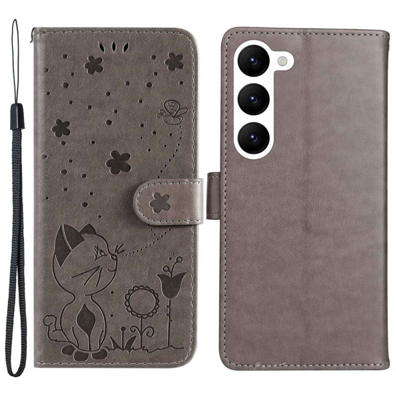 Capa Folio Para Samsung Galaxy S23 5G De Cordão Strappy Gato E Abelhas