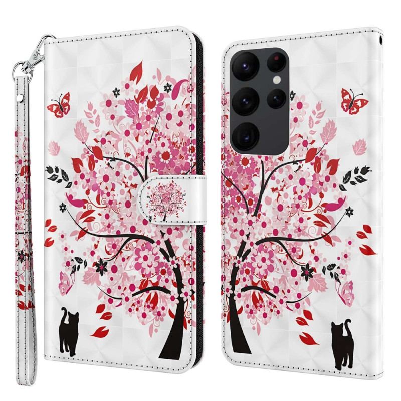 Capa De Couro Para Samsung Galaxy S23 Ultra 5G De Cordão Gato Sob A Árvore Thong