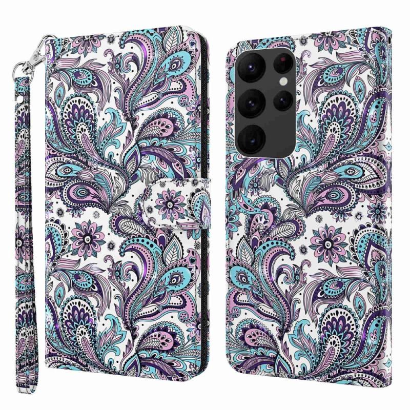 Capa De Couro Para Samsung Galaxy S23 Ultra 5G De Cordão Padrão Strappy Paisley
