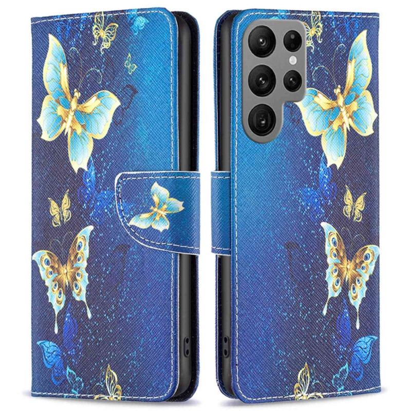 Capa Flip Para Samsung Galaxy S23 Ultra 5G Borboletas Douradas