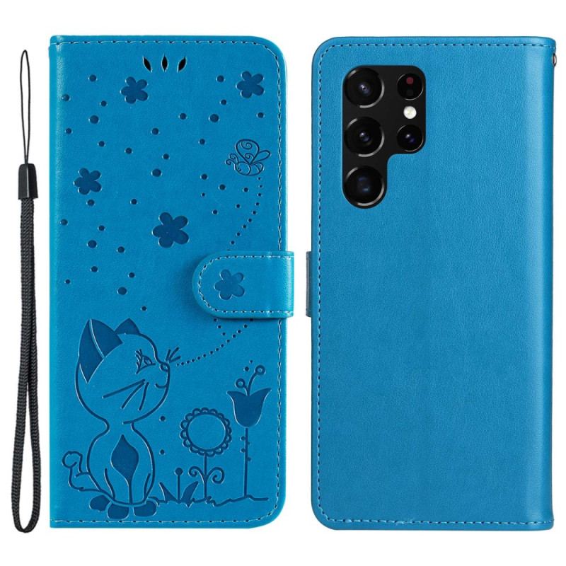 Capa Flip Para Samsung Galaxy S23 Ultra 5G De Cordão Strappy Gato E Abelhas
