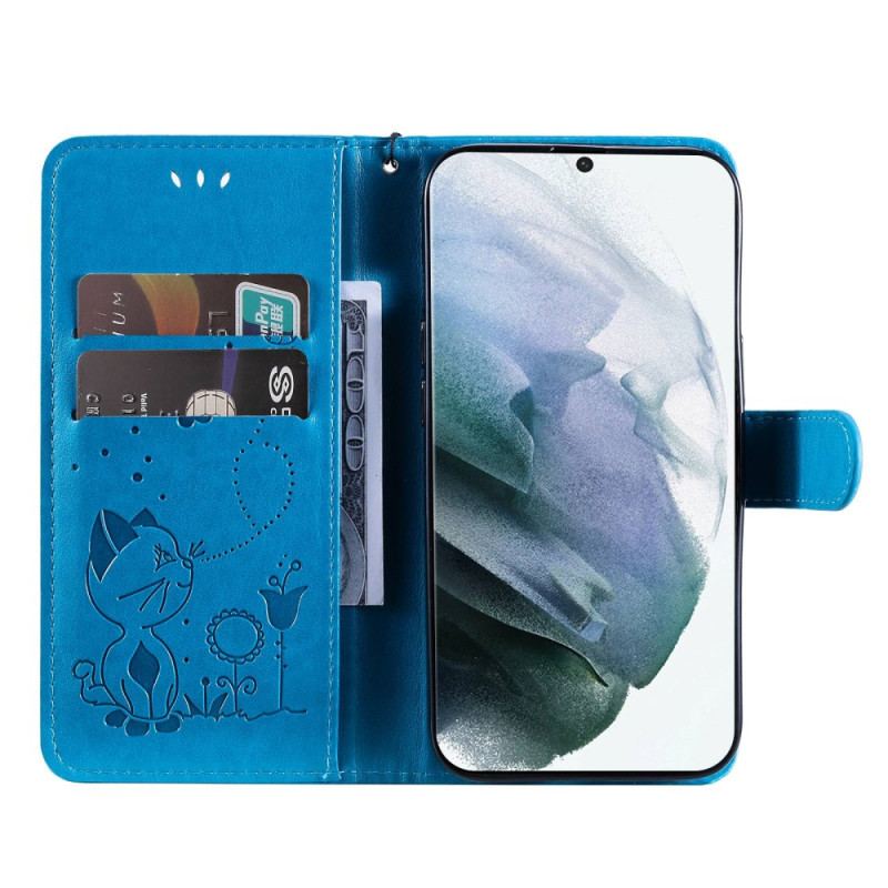 Capa Flip Para Samsung Galaxy S23 Ultra 5G De Cordão Strappy Gato E Abelhas