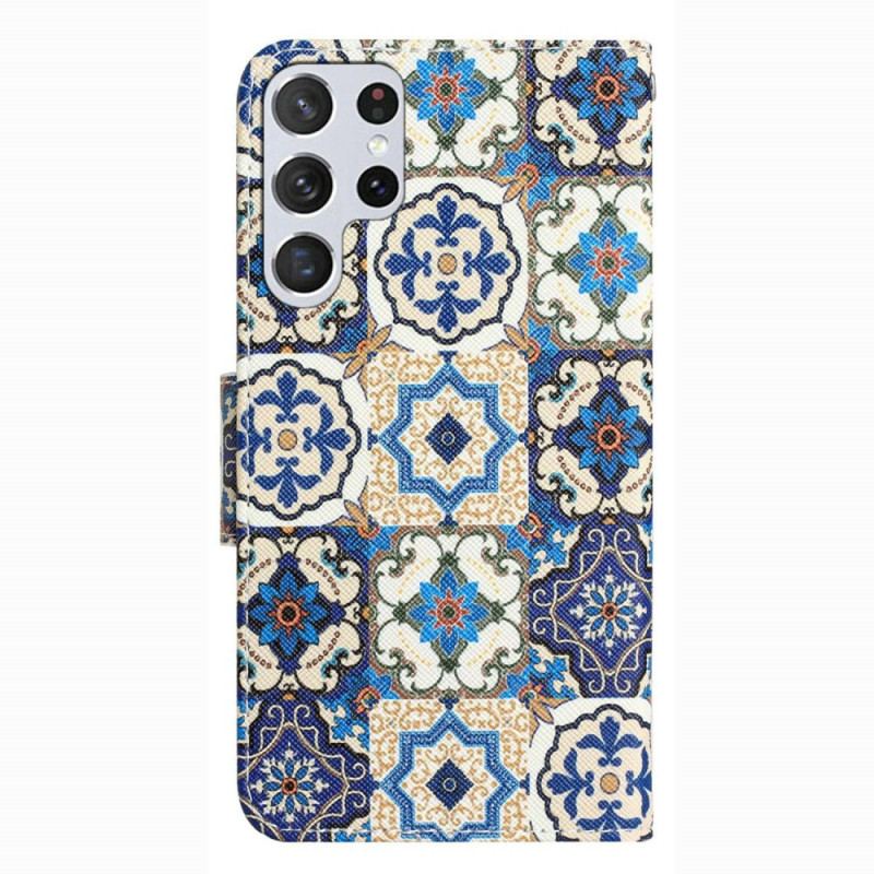 Capa Flip Para Samsung Galaxy S23 Ultra 5G De Cordão Strappy Patchwork