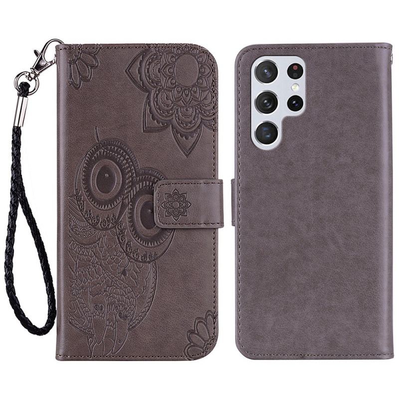 Capa Flip Para Samsung Galaxy S23 Ultra 5G Coruja Mandala E Cordão