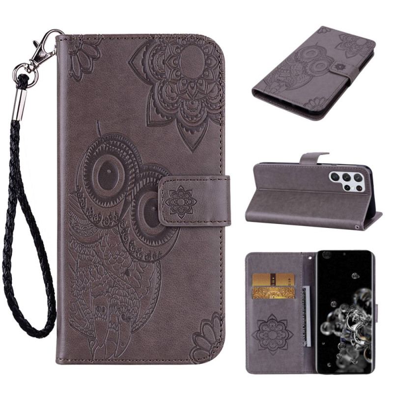Capa Flip Para Samsung Galaxy S23 Ultra 5G Coruja Mandala E Cordão