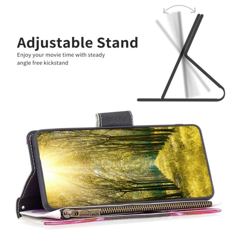 Capa De Couro Para iPhone 14 Pro Max Bolso Com Zíper Flor
