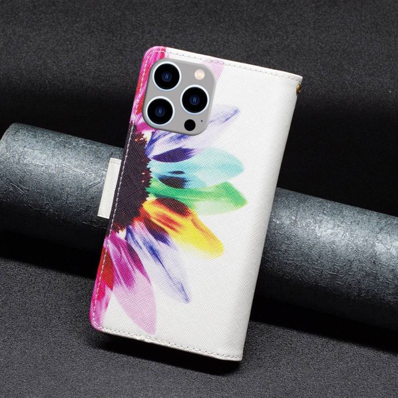 Capa De Couro Para iPhone 14 Pro Max Bolso Com Zíper Flor