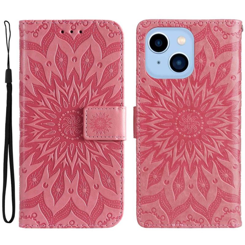 Capa De Couro Para iPhone 14 Pro Max Mandala Sol Com Cordão