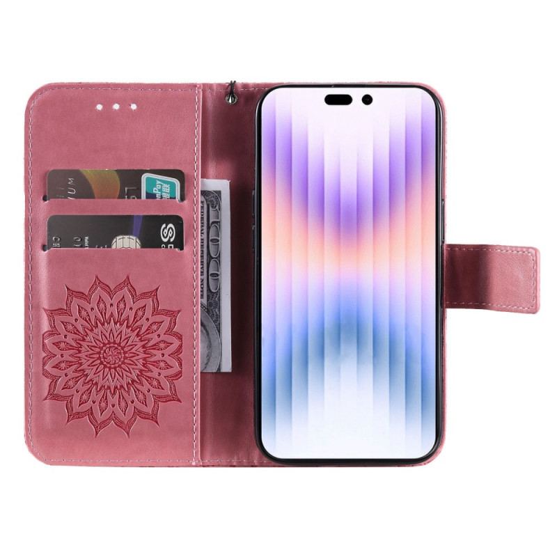 Capa De Couro Para iPhone 14 Pro Max Mandala Sol Com Cordão