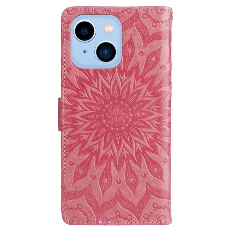 Capa De Couro Para iPhone 14 Pro Max Mandala Sol Com Cordão
