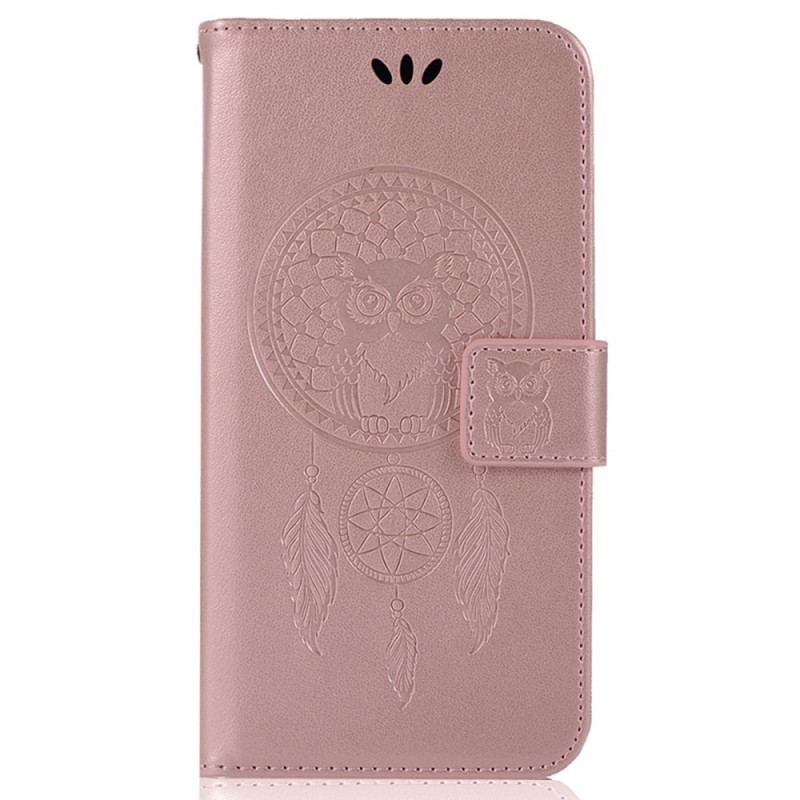 Capa Flip Para iPhone 14 Pro Max De Cordão Apanhador De Sonhos Coruja Com Alça