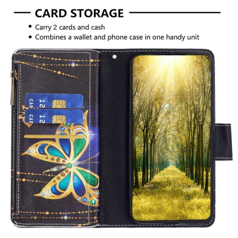 Capa Folio Para iPhone 14 Pro Max Bolso Com Zíper De Borboletas