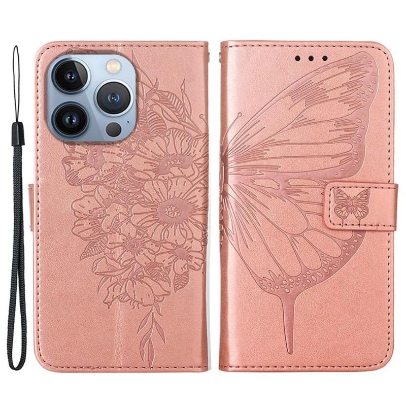 Capa Folio Para iPhone 14 Pro Max De Cordão Borboleta De Tiras Barroca