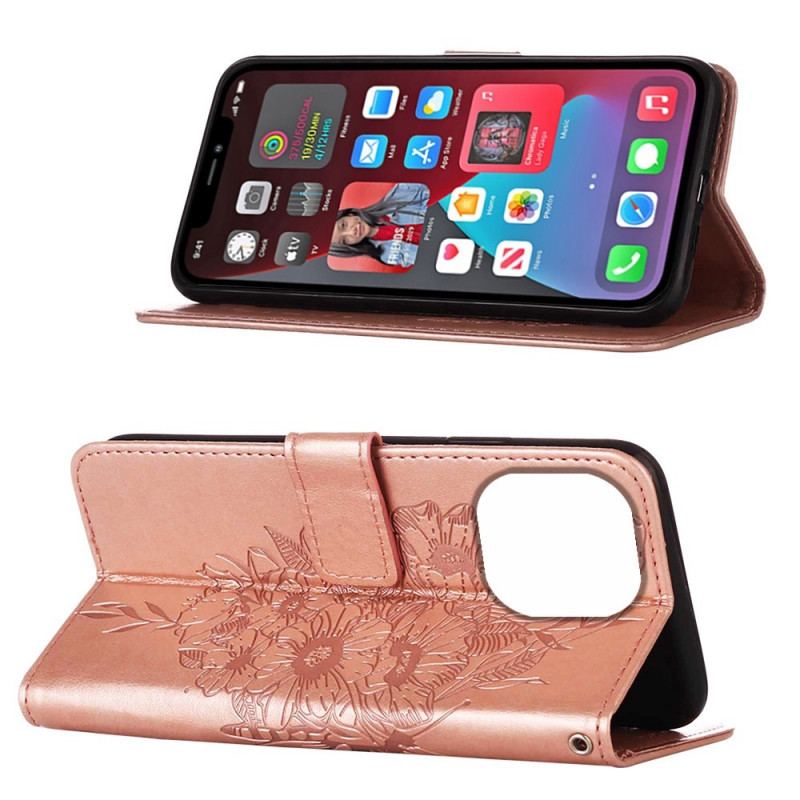 Capa Folio Para iPhone 14 Pro Max De Cordão Borboleta De Tiras Barroca