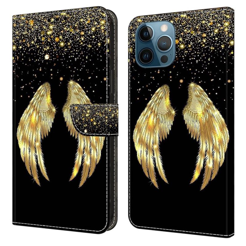 Capa De Couro Para iPhone 15 Pro Asas Douradas