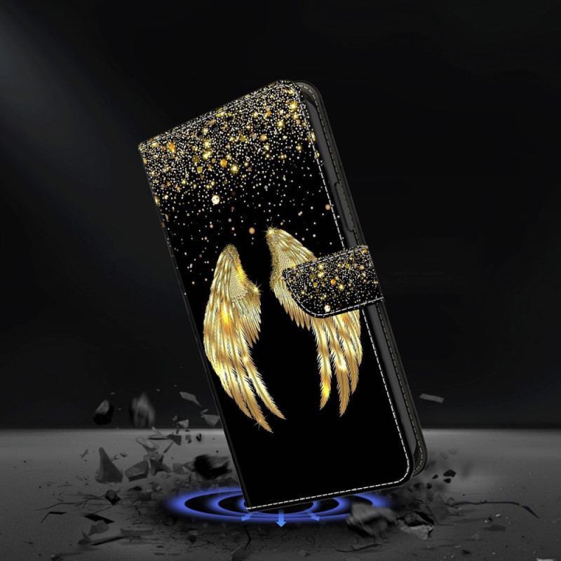 Capa De Couro Para iPhone 15 Pro Asas Douradas