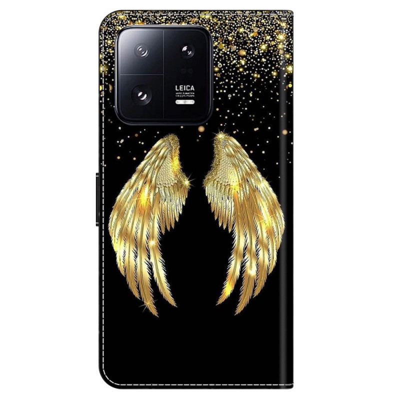 Capa De Couro Para iPhone 15 Pro Asas Douradas