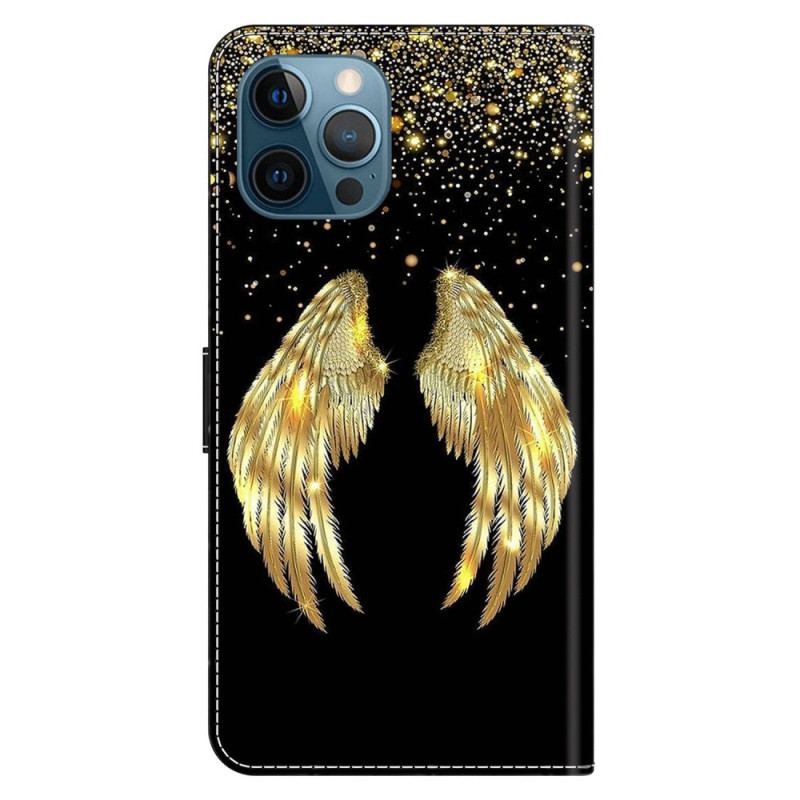 Capa De Couro Para iPhone 15 Pro Asas Douradas