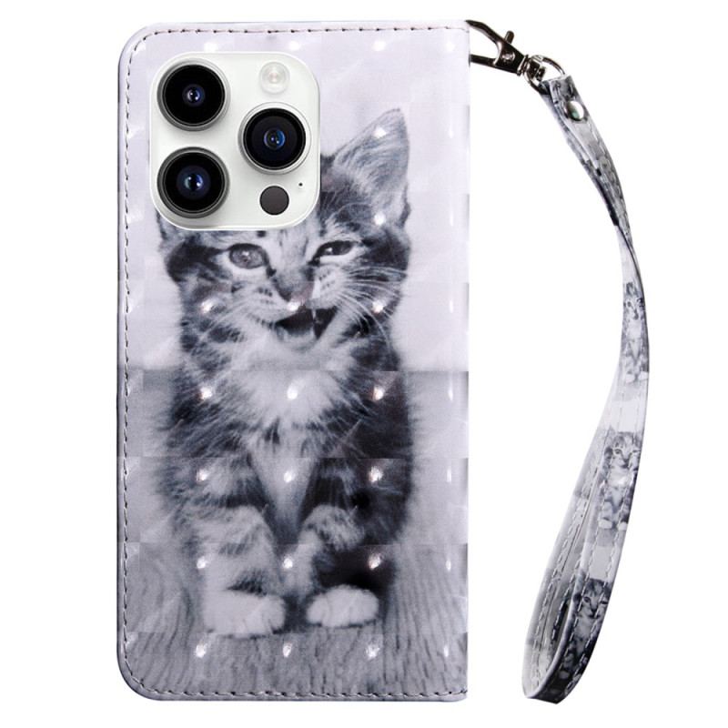 Capa De Couro Para iPhone 15 Pro De Cordão Gatinho Com Alça
