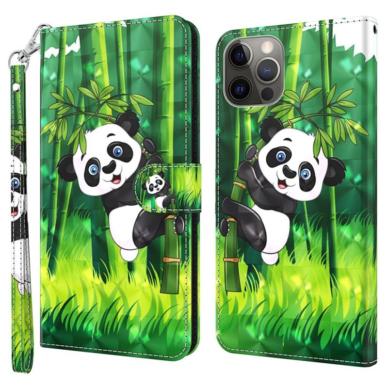 Capa De Couro Para iPhone 15 Pro De Cordão Panda De Bambu 3d Com Alça
