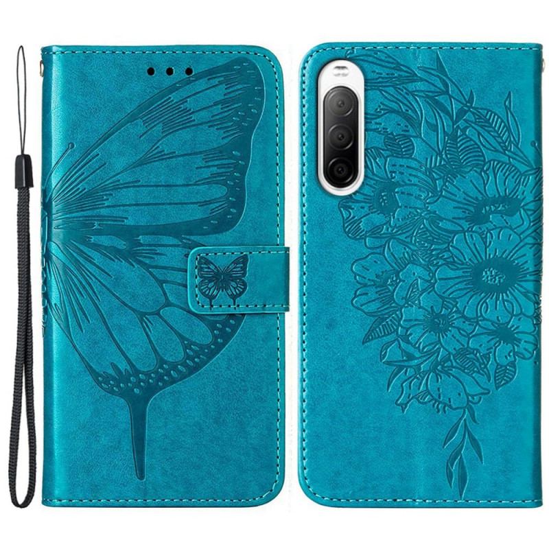 Capa Folio Para Sony Xperia 10 IV Borboleta Com Cordão