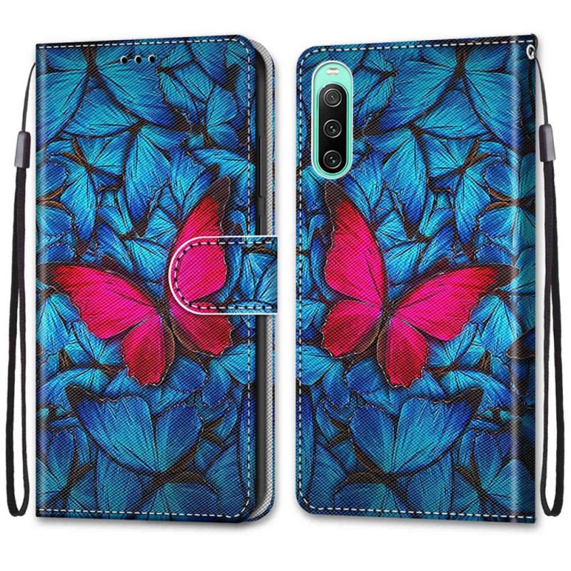 Capa Folio Para Sony Xperia 10 IV Borboleta Vermelha Fundo Azul