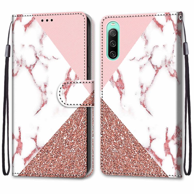 Capa Folio Para Sony Xperia 10 IV Triângulo De Mármore E Glitter