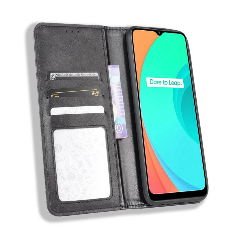 Capa De Celular Para Realme C11 Flip Efeito Couro Vintage Estilizado