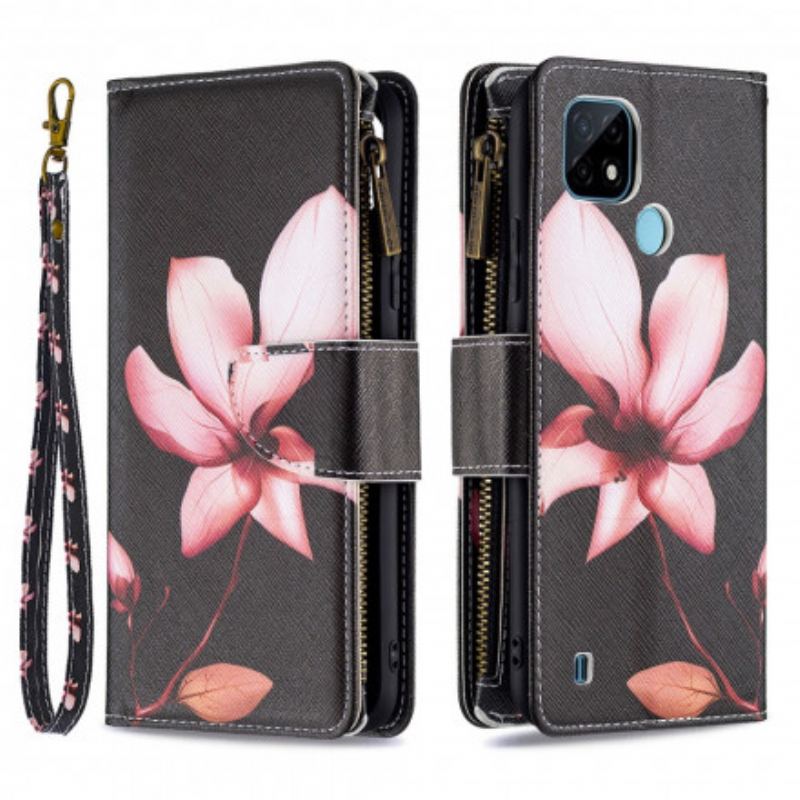 Capa Flip Para Realme C11 Bolso Com Zíper Flor