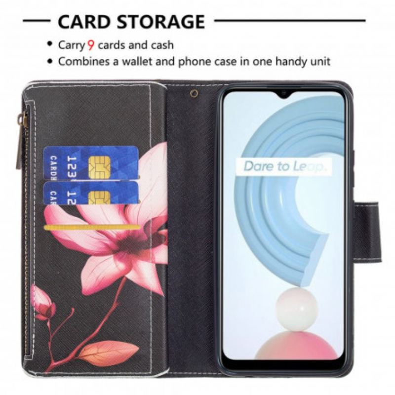 Capa Flip Para Realme C11 Bolso Com Zíper Flor