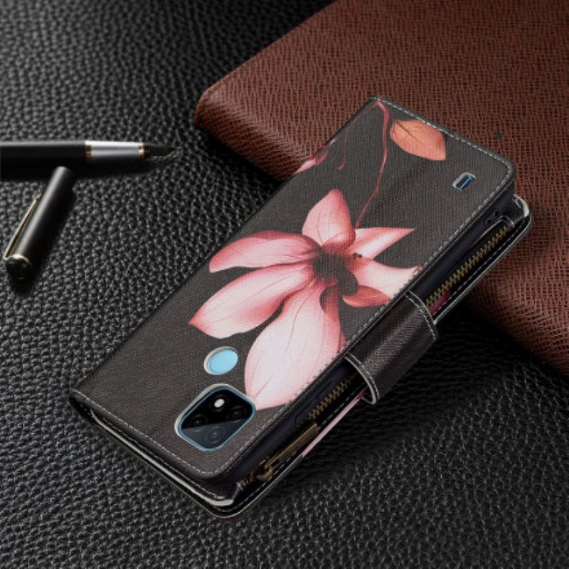 Capa Flip Para Realme C11 Bolso Com Zíper Flor