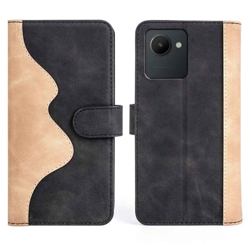Capa De Couro Para Realme C30 Costura Ondulada Em Dois Tons