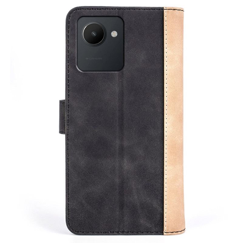 Capa De Couro Para Realme C30 Costura Ondulada Em Dois Tons